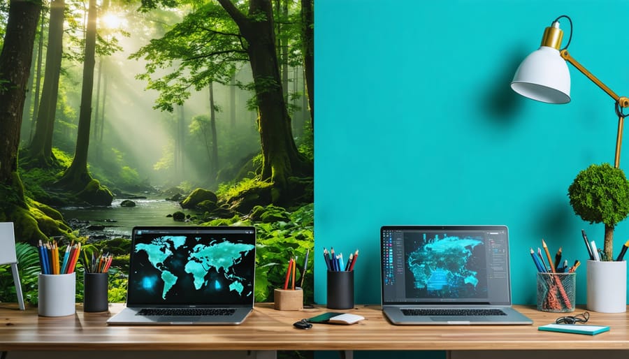 A split image illustrating a balance between digital environmental advocacy and peaceful nature, highlighting a harmonious approach to environmental causes.