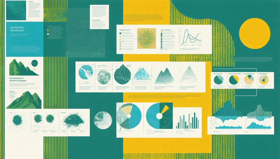 Creative data visualization showing climate change statistics through interactive graphics and charts