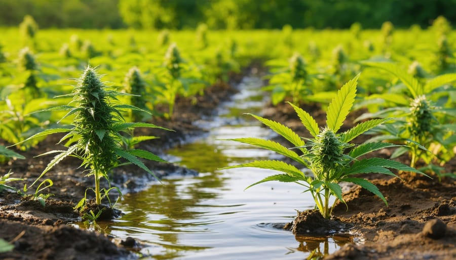 Close-up of agricultural runoff water with sediment flowing into natural waterway