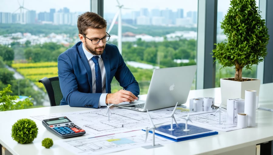 Sustainability professional at a desk using a laptop with a calculator and miniature wind turbine and solar panel models, with a city skyline of green roofs, trees, and distant wind turbines softly blurred beyond a large window.