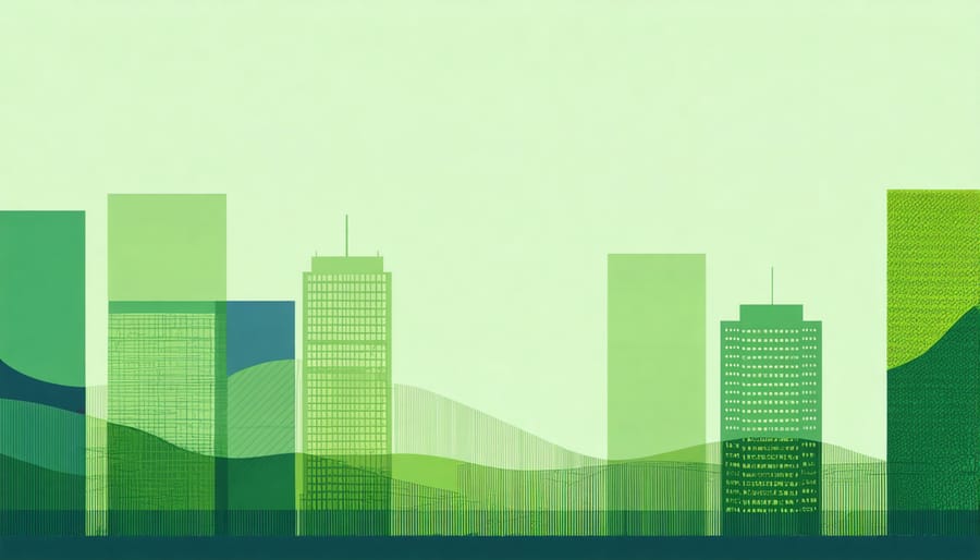 Solar panels and wind turbines on hillside with bank building in foreground representing financing challenges