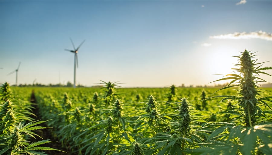 Aerial view of industrial hemp cultivation field showing rows of cannabis plants
