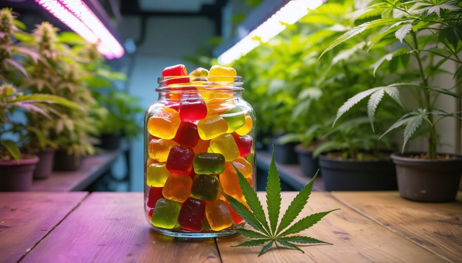 Glass jar of colorful cannabis gummies on a wooden table with a cannabis leaf, with a blurred indoor grow room glowing magenta behind it showing plants, irrigation lines, and plastic packaging waste