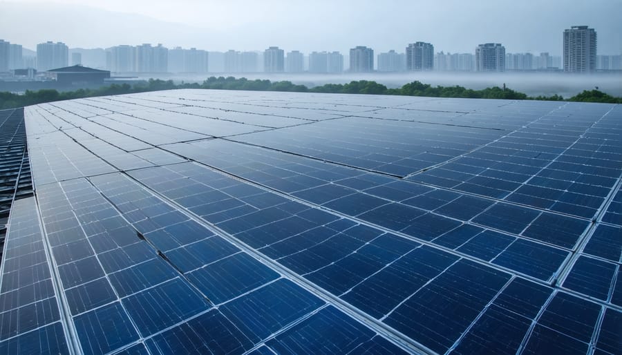 Engineering team reviewing solar panel installation plans at municipal building site