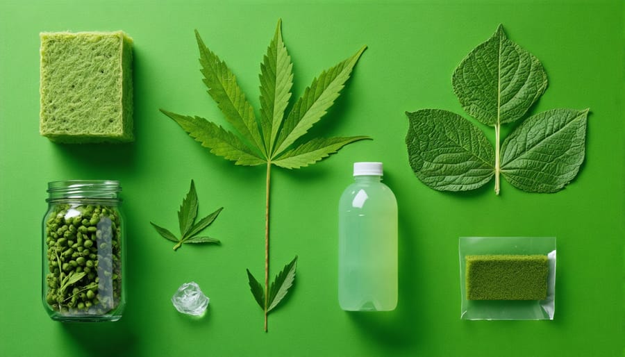 Hands holding biodegradable hemp-based packaging material in organic hemp field