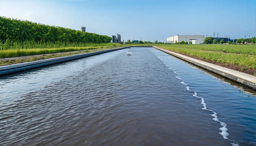 Modern water treatment facility with circular clarification tanks and clean water