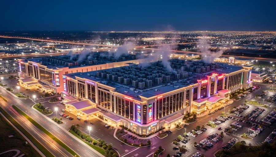 Illuminated casino building exterior at night showing extensive lighting