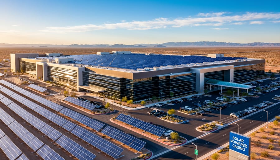 Solar panels installed on casino rooftop for renewable energy generation
