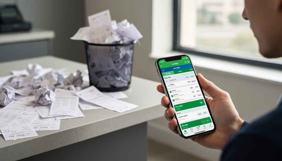 Person using smartphone for digital sports betting instead of paper betting slips