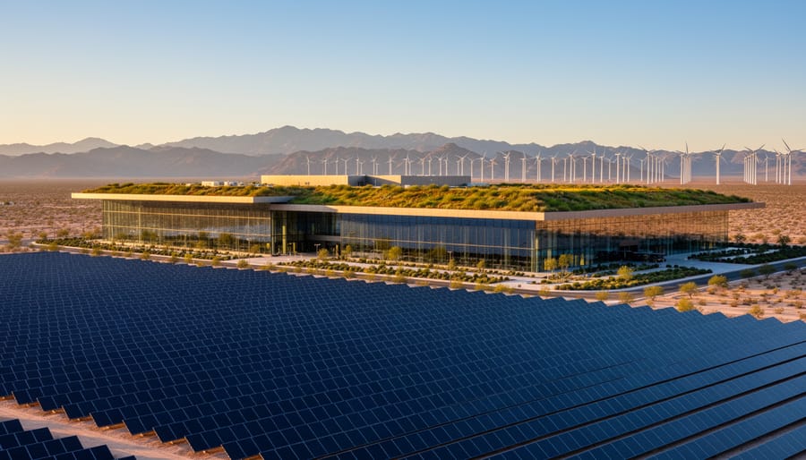 Modern glass casino with green roof next to expansive solar panels at golden hour, wind turbines on the horizon and desert mountains with a city skyline in the background, no visible signage.
