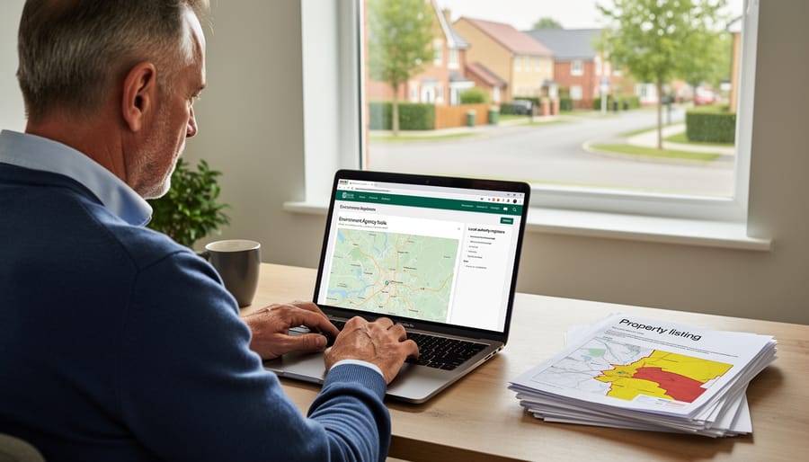 Property seller reviewing environmental check documents and online resources at desk