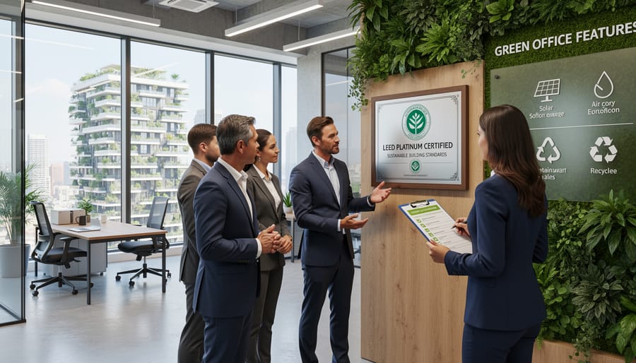 Business professionals reviewing sustainable office space features in Rosebank