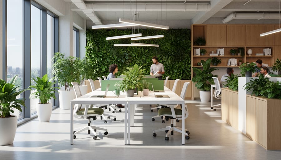 Bright modern office interior with natural lighting and biophilic design elements