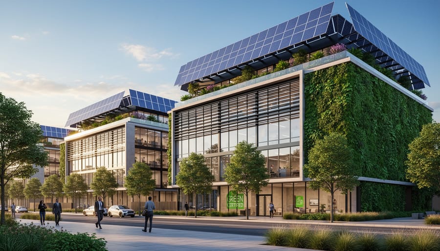 Modern Rosebank office building featuring green walls and solar panels