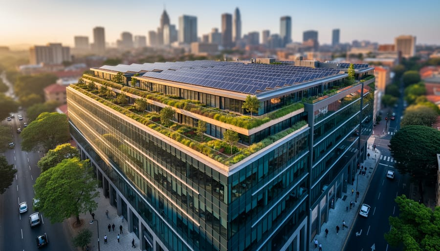 Aerial three-quarter view of a modern glass office building in Rosebank, Johannesburg, with rooftop solar panels and green terraces, lit by warm sunset light, with tree-lined streets and a softly blurred city skyline in the background.