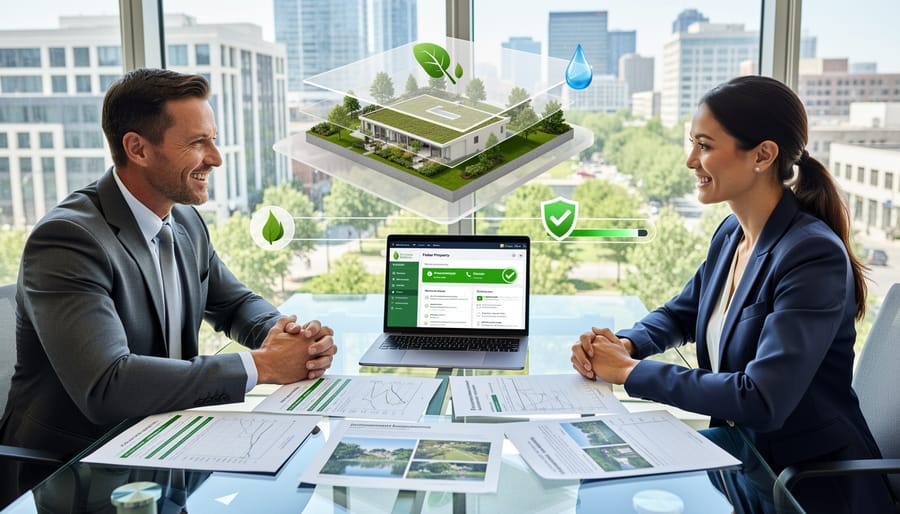 Successful property sale completion with handshake and documents on desk