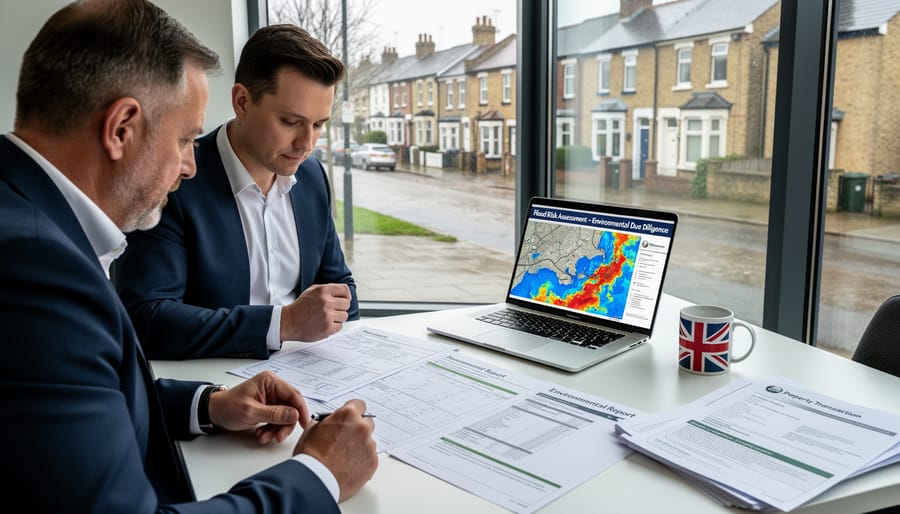 Flooded residential street in UK showing water damage affecting terraced houses