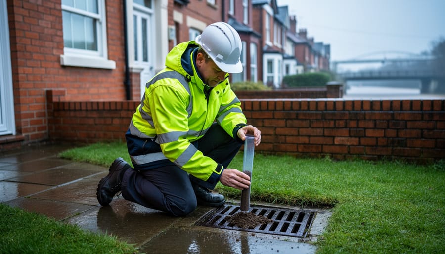 Surveyor in high-visibility gear kneels by a front garden drain at a red-brick UK house, examining a clear soil sample tube, with blurred Victorian terraces and a river flood barrier in the background under overcast light.