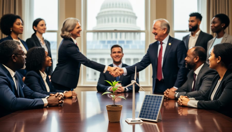 Diverse environmental advocates shake hands with a government policymaker around a conference table, with a small potted sapling and miniature wind turbine and solar panel in the foreground; a sunlit government building interior is softly blurred in the background, suggesting progress on climate policy.