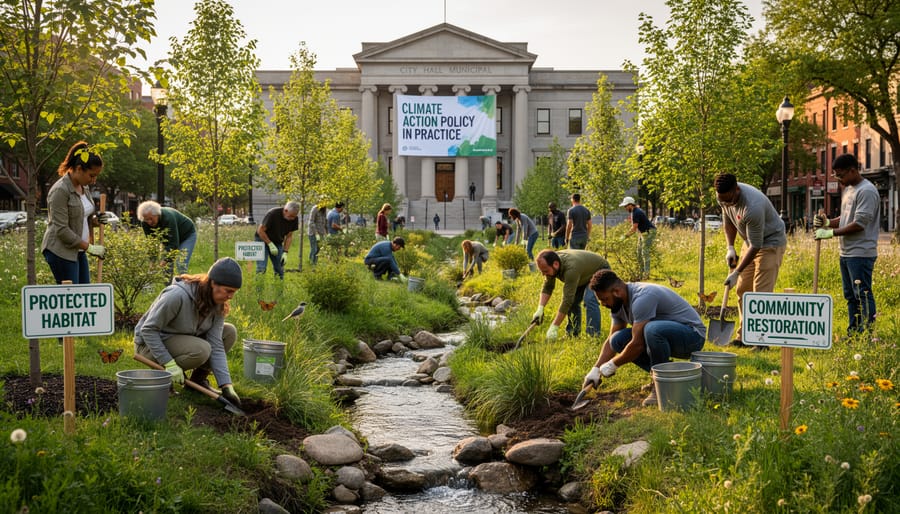 Diverse community members planting trees together in urban environmental restoration project
