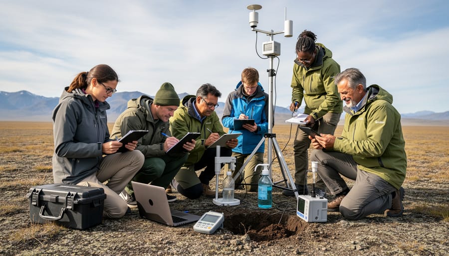 Environmental researchers conducting field monitoring and data collection in forest ecosystem