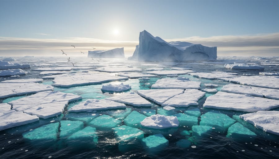 Polar ice formations melting into arctic waters showing effects of climate change