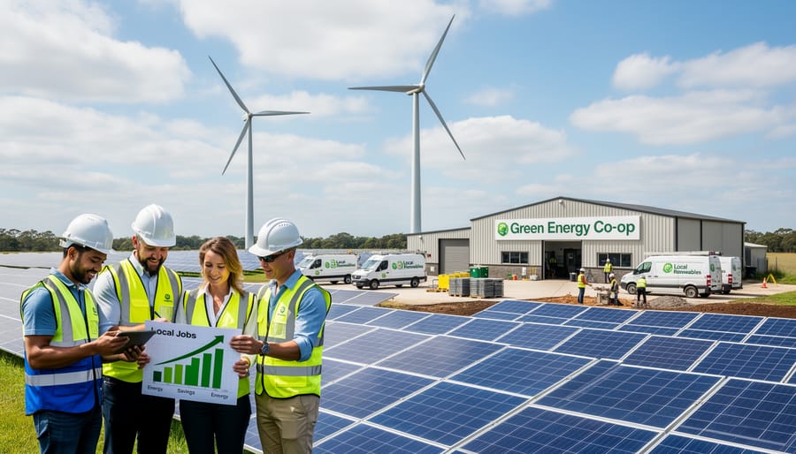 Workers installing solar panels on residential rooftop demonstrating green job creation