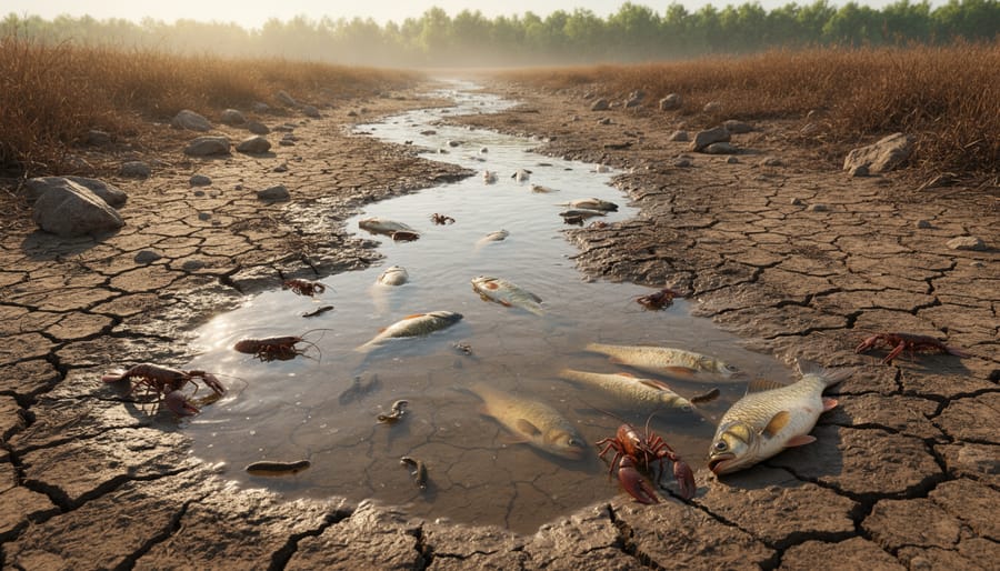 Cracked dry riverbed with exposed sediment and stranded fish, showing drought impacts on freshwater ecosystems