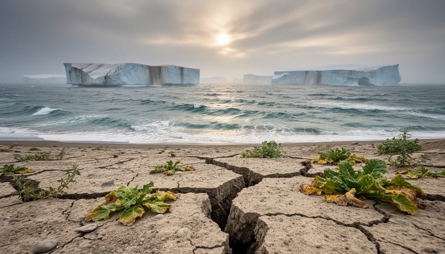Ground-level view of a cracked shoreline and stressed coastal vegetation with turbulent ocean water and distant melting icebergs under a hazy, heat-affected sky.