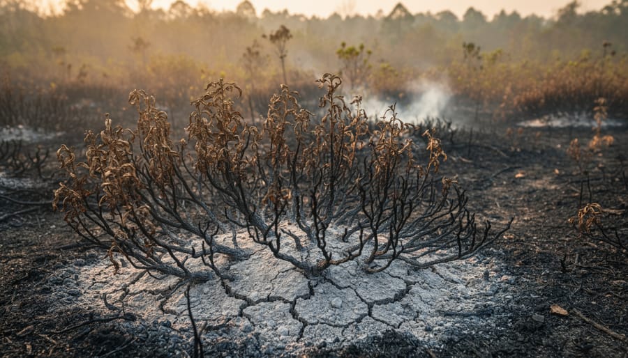 Close-up of scorched wild plants with a smoky, burned landscape in the background