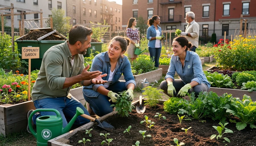 A diverse group of volunteers planting in a community garden bed together.