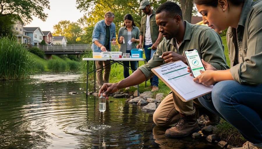 A resident testing water at the edge of a stream during a citizen science effort.