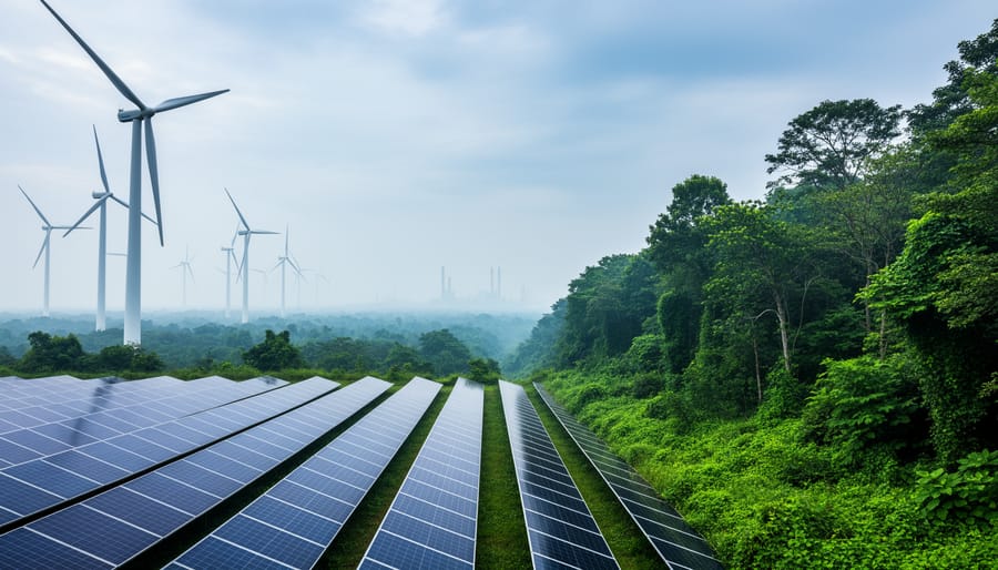A wind farm and solar panels in the foreground beside a thriving green forest under a blue sky, symbolizing climate change mitigation through clean energy and natural carbon sinks.