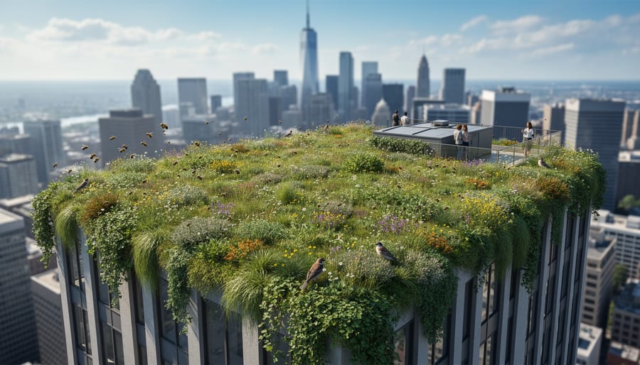 Close-up of a building green roof with sedum plants and textured soil layers under overcast light.