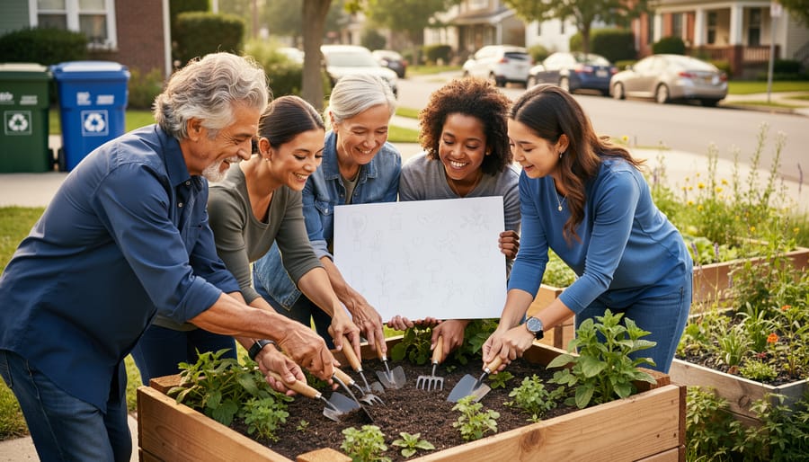 “Diverse community members collaborate in a neighborhood garden, working together with tools and a shared plan to support sustainability efforts.”