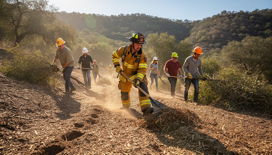 Firefighter and volunteers stand in front of a cleared firebreak through dry grassland near a tree line.