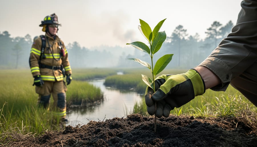 A firefighter stands near a restored wetland as a gloved hand plants a sapling in dark soil, with distant smoke and trees blurred in the background.