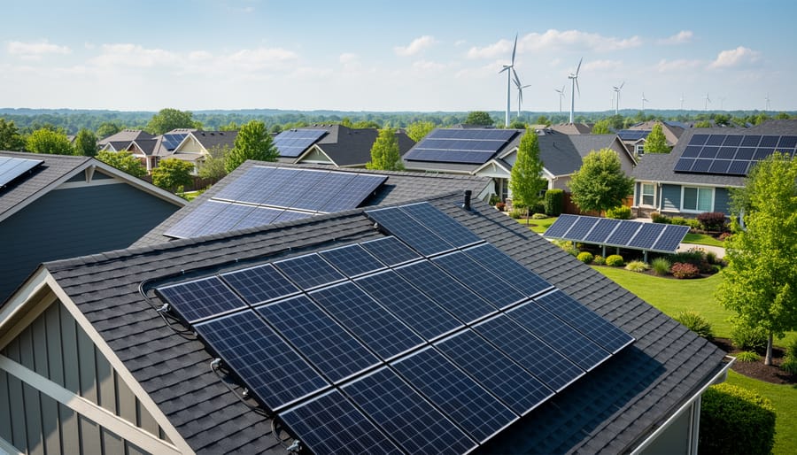Rooftop solar panels on buildings in a residential area with people walking nearby, illustrating climate mitigation.