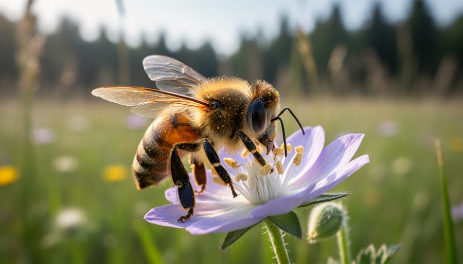 Honey bee foraging on a wildflower in a sunny meadow