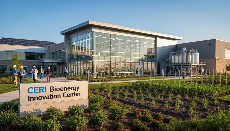 Wide exterior view of a modern research facility with greenhouse vegetation in the background