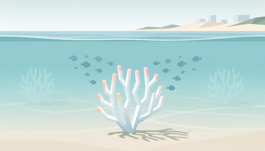 Close-up of bleached coral fragment in shallow seawater with rippling water in the background