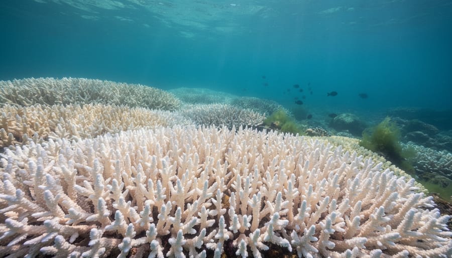 Underwater view of a bleached coral reef with pale white coral.