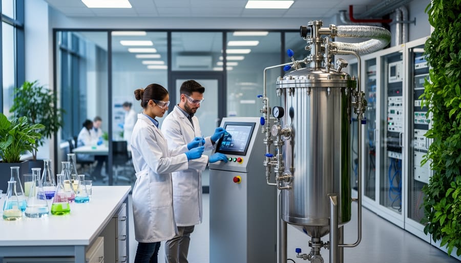 “Researchers in lab coats working near a stainless-steel pilot-scale bioreactor inside a modern bioenergy innovation center with glass sample containers on a bench.”