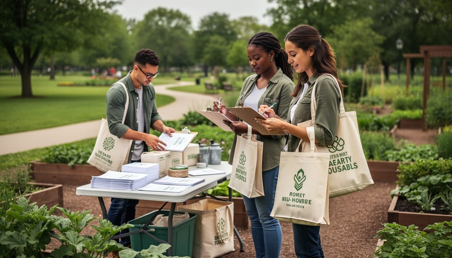A volunteer team sets up a community garden workshop area with reusable materials and tote bags, surrounded by vibrant green plants.