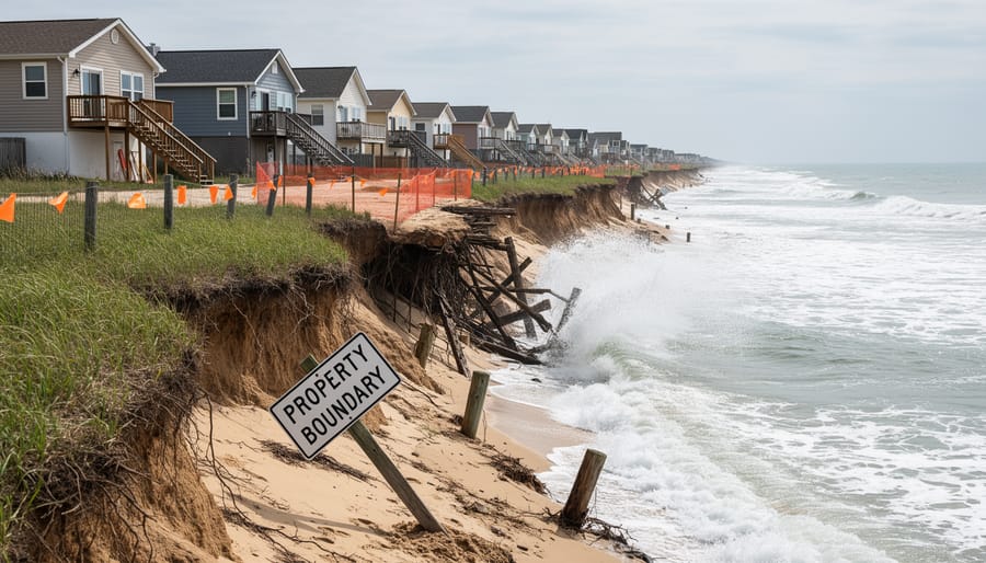 Eroding coastal dunes with a damaged wooden fence and ocean waves washing at the shoreline