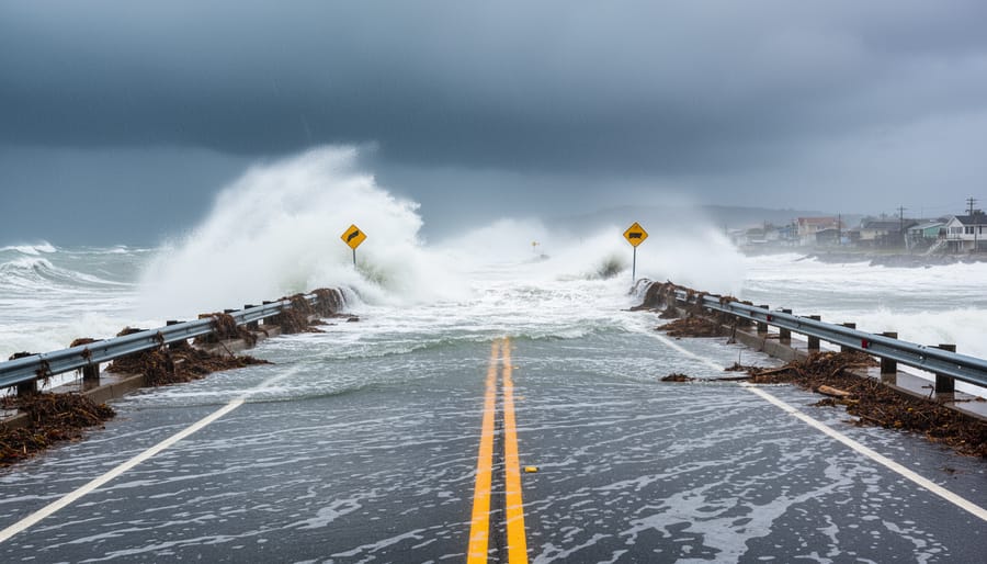 Waves crash against a coastal seawall during a high-tide storm surge.