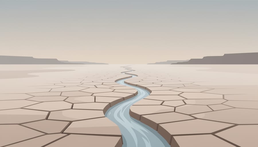 Cracked dry riverbed with a thin trickle of water indicating freshwater scarcity.