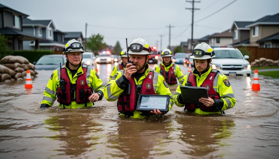 Emergency responders wading through floodwater during a severe storm event.
