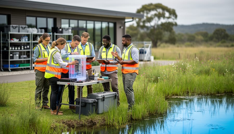 “Multidisciplinary team collaborating at an environmental innovation center, examining a water purification system and restored wetland plants in a real-world field lab setting.”