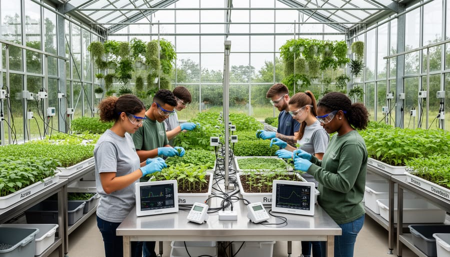 Researchers examine plants and water samples inside a modern environmental research greenhouse.